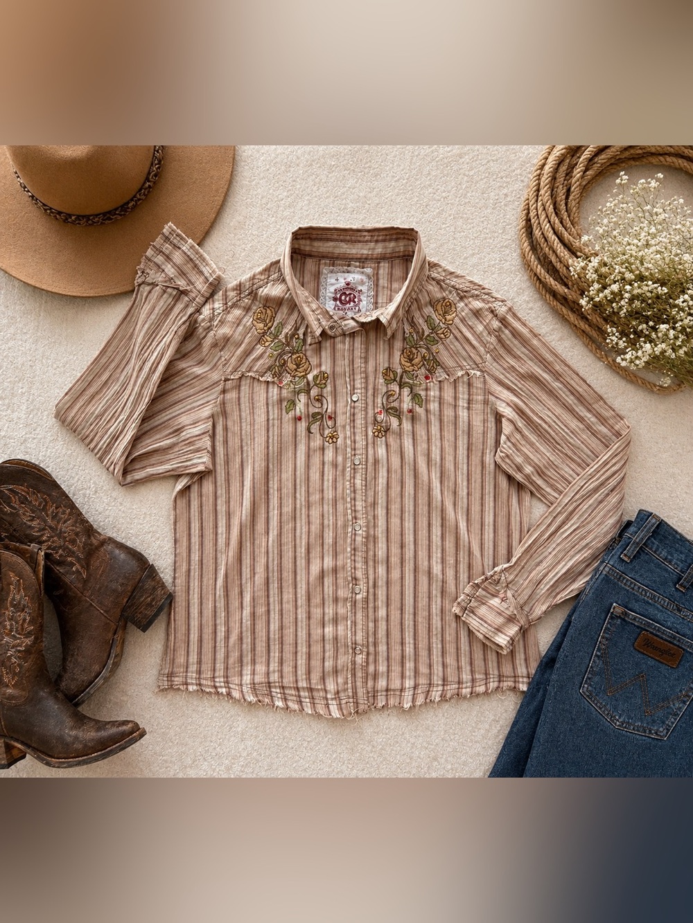 Country Royalty XL Embroidered Floral Western Boho Striped Shirt